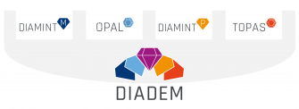 Die Grafik zeigt die Struktur des Projekts DIADEM. Unter dem Gesamtprojekt DIADEM sind vier Teilprojekte angeordnet: DIAMINT M, OPAL, DIAMINT P und TOPAS. Die Teilprojekte sind jeweils durch eigene farbige Symbole gekennzeichnet und gemeinsam dem übergeordneten Projekt DIADEM zugeordnet.